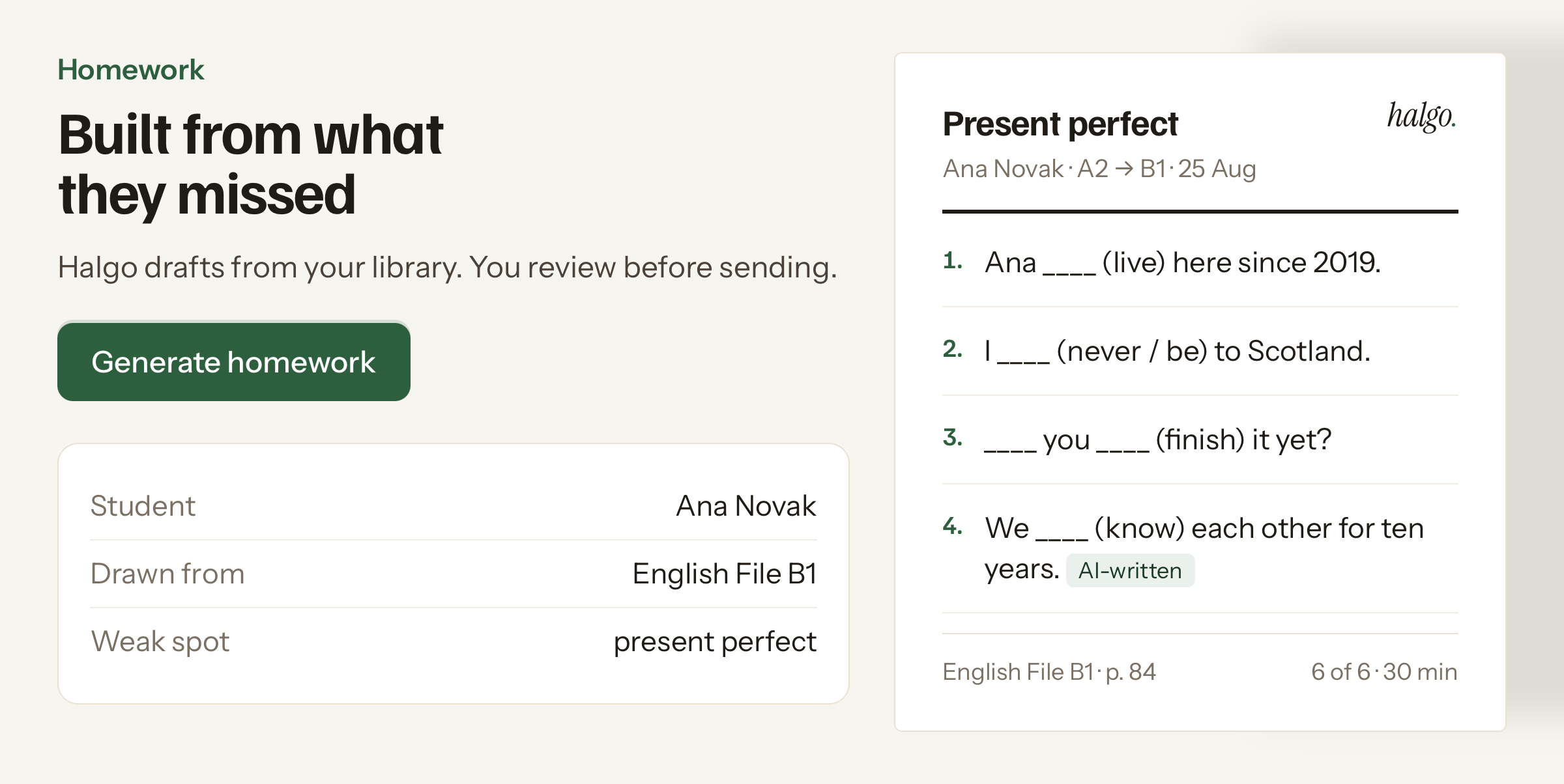 The homework queue beside a printable present perfect sheet