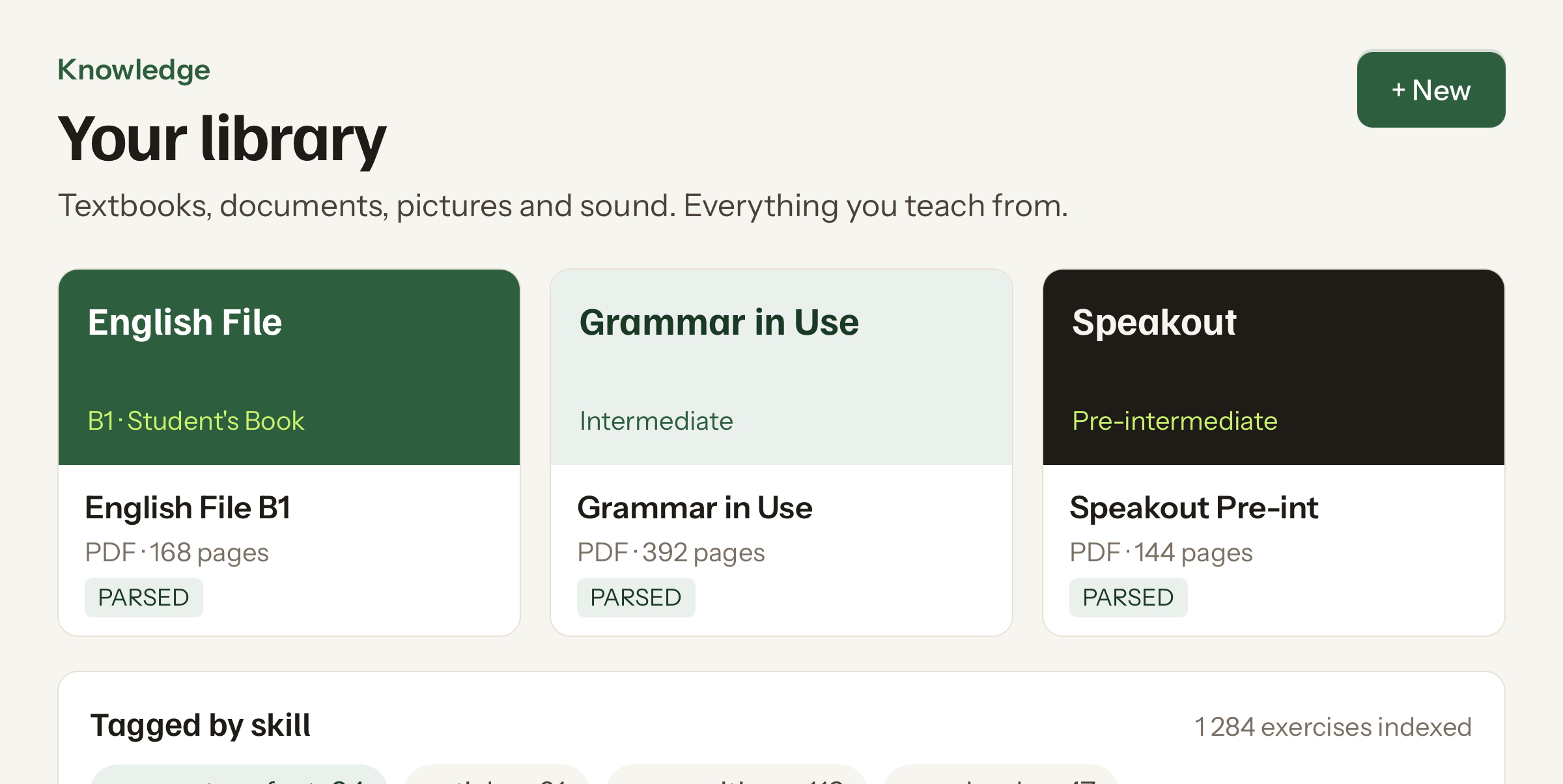 The Knowledge library: four parsed textbooks and exercises tagged by skill