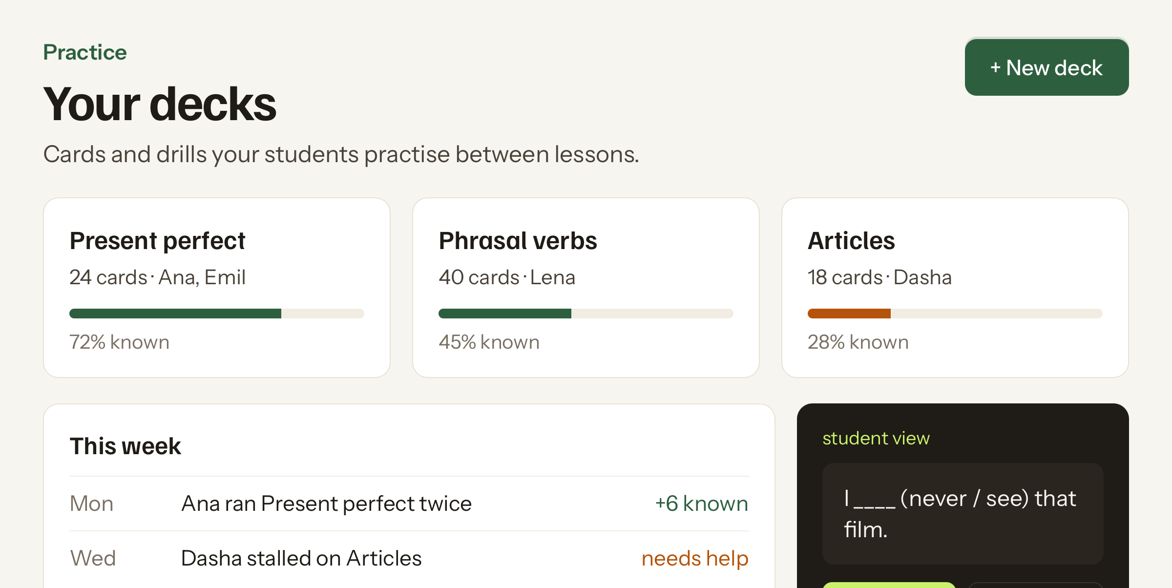 Three practice decks with progress and the student card view