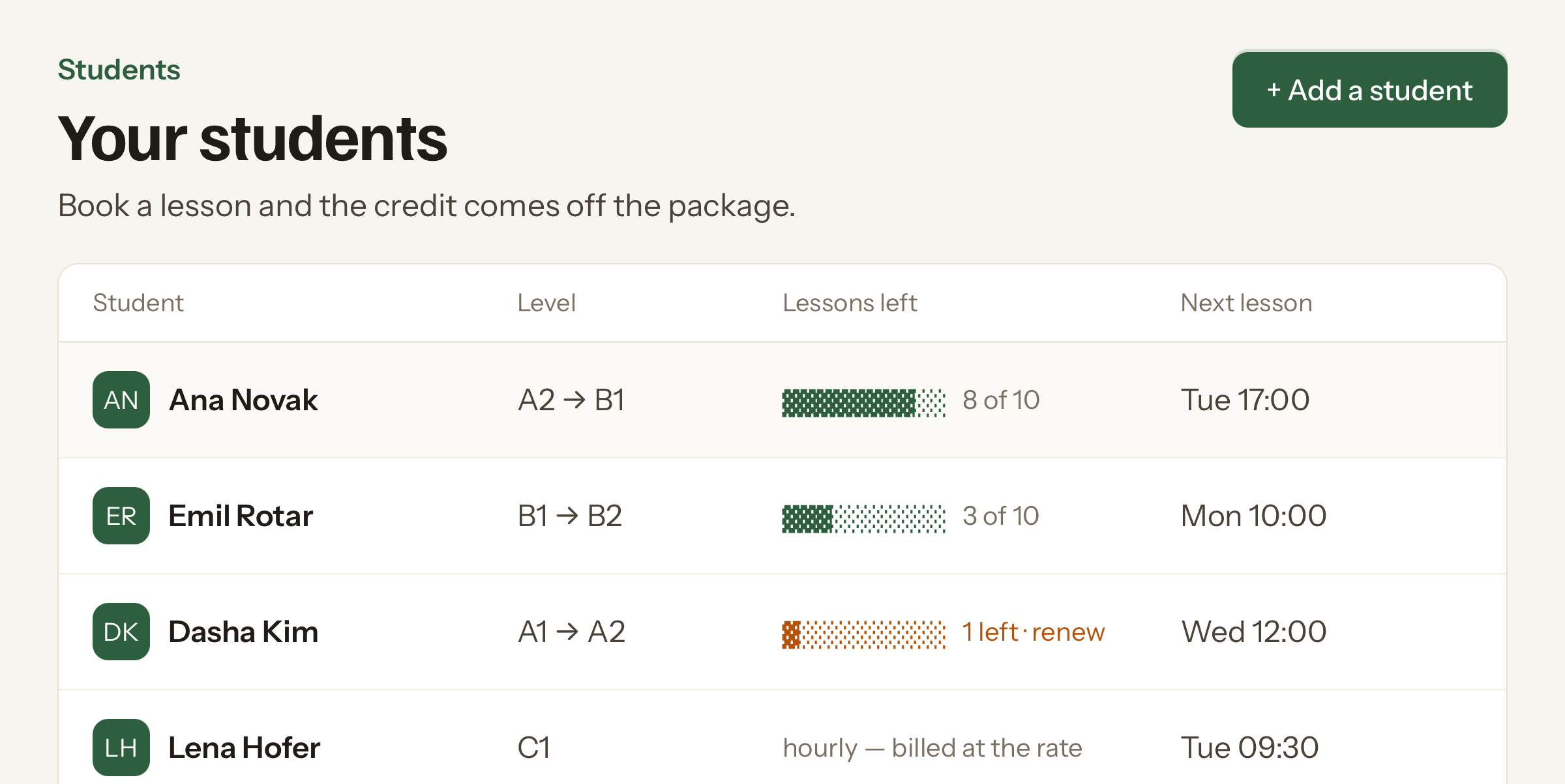 The student list with package balances and next lessons